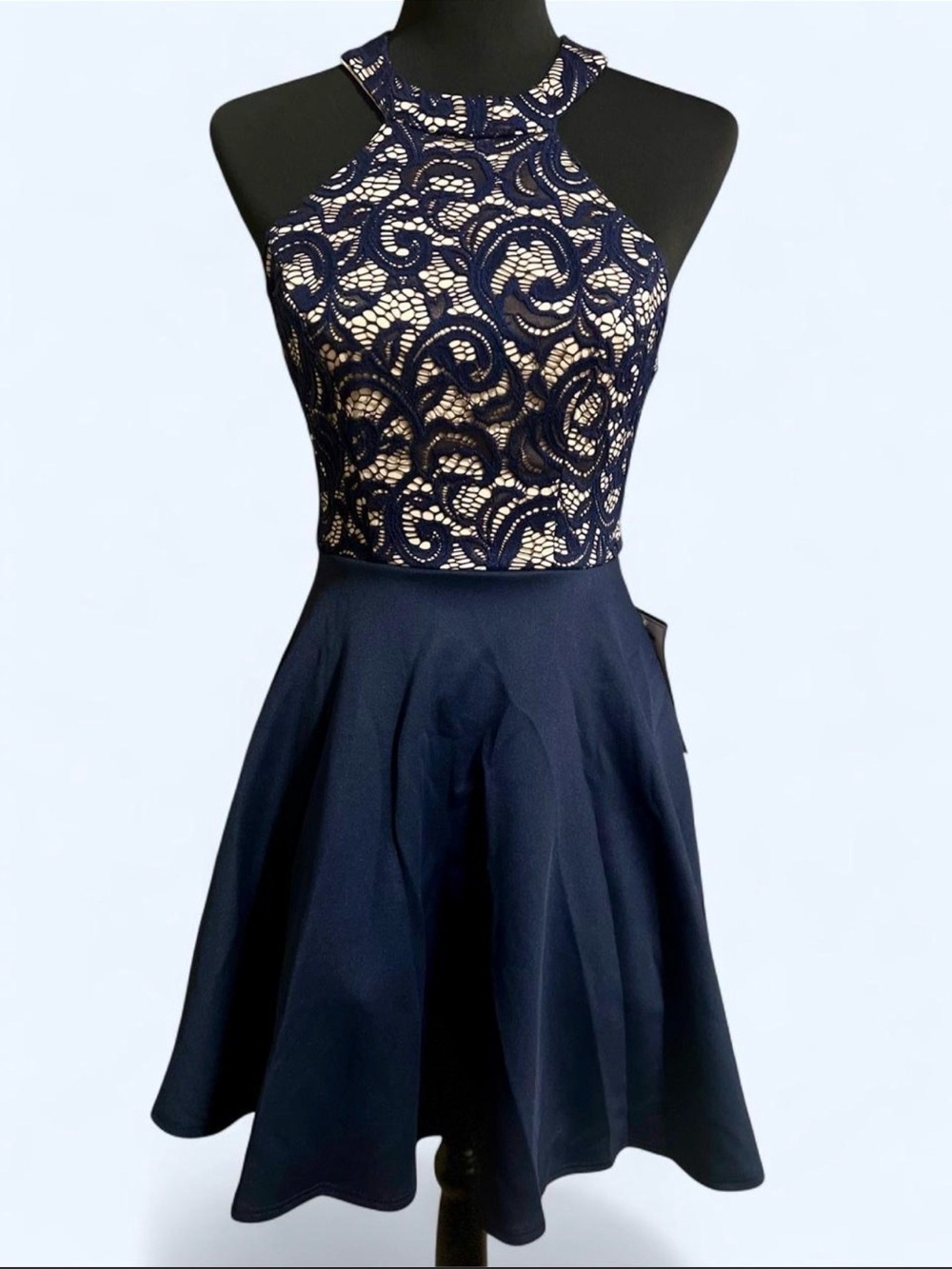 B Darlin Navy and Cream Lace Halter Skater Dress